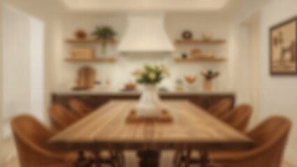 Poster - Indoor kitchen scene with a wooden countertop, softly out of focus.