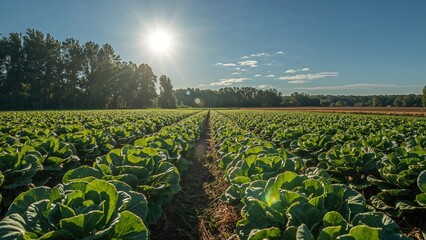 Poster - Cabbage crops prospering in straight lines under radiant sunlight, bordered by high trees and wide fields on a clear day