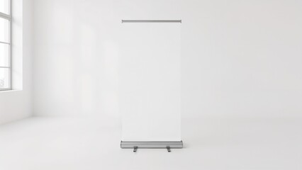Fototapete - Blank vertical banner stand positioned in a spacious, light-filled office with clipping path around the stand. Photo