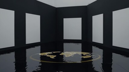Poster - Blank canvas earth map with simple black and white geometric shapes in modern gallery, minimal reflection and sophisticated abstract art space