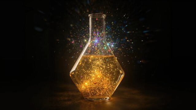 A fantasy healing elixir represented by a golden-orange liquid in a diamond-form container embellished with shimmering magical lights. Flat digital artwork style.