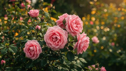 Wall Mural - Expansive garden adorned with big pink roses