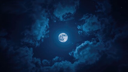 luminous full moon shining behind clouds in a blue-hued night atmosphere