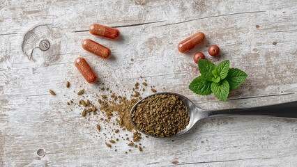 Fototapete - Natural herbal capsules alongside a spoonful of powdered herbs and a mint sprig resting on reclaimed wood, conveying a message of holistic health and hope