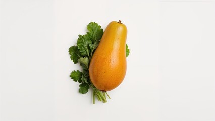 Fototapete - An assortment of fruits and greens featuring papaya set against a white backdrop, highlighting benefits of healthy nutrition and clean eating.