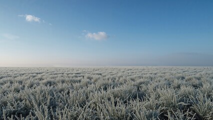 Wall Mural - white frost envelops the grass under a vibrant blue sky accompanied by fluffy mist