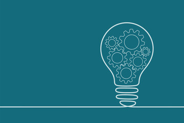 Poster - A lightbulb outline filled with gears on a teal background with a horizontal line at the bottom edge
