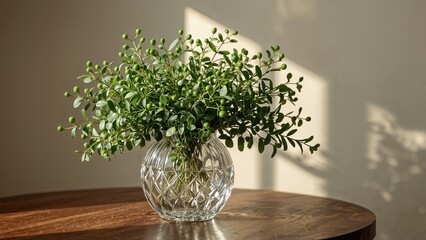Poster - Sunlit fresh green foliage displayed in a transparent glass vase atop wooden furniture