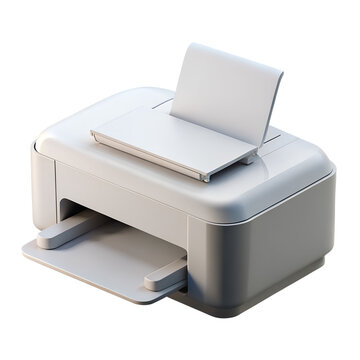 A white compact printer with paper output tray and document feeder isolated on a transparent background for office use