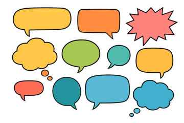 Poster - Set of colorful speech bubbles. Vector illustration of hand drawn comic style talk balloons. Chat box, message, dialogue, conversation or thought bubbles for communication.