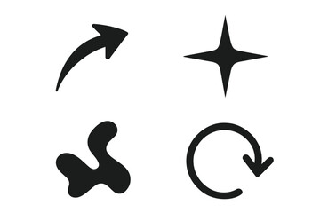 Poster - Set of 4 minimalist black abstract shapes. Hand-drawn doodle style icons. Includes curved arrow, simple star, organic blob, and refresh or reload circular arrow symbol.