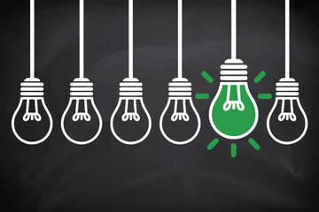 Poster - Row of light bulb drawings with one green bulb illuminated on a dark chalkboard background design