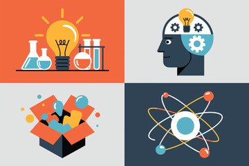 Poster - The image shows four illustrations representing science, innovation, and creative thinking concepts