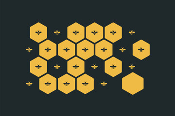 Poster - A graphic design featuring a honeycomb pattern with bees on a dark background in a simple illustration