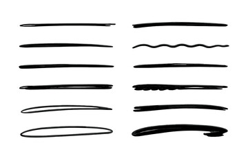 Aufkleber - Hand drawn underline set. Marker brush strokes collection. Black pen scribble lines. Grunge sketch highlight, doodle divider. Vector graphic design elements for text.