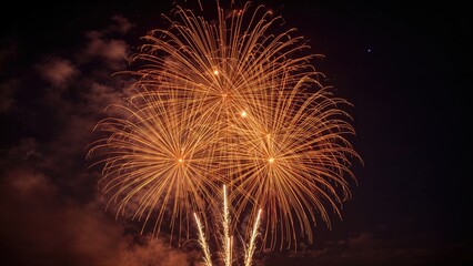 Poster - Nighttime fireworks burst against a dark sky, creating an abstract summer pattern with light, smoke, and fire.
