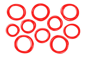 Aufkleber - Hand drawn red circle set. Collection of scribble round frames for highlighting text. Marker pen doodle sketch. Important note attention concept. Vector illustration isolated.