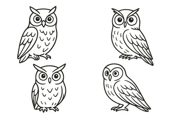 Poster - Owl vector outline icon set. Hand drawn minimal line art owls. Isolated cute bird character collection for tattoo, logo, clipart or coloring book. Simple cartoon doodle.