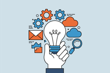 Poster - A hand holding a lightbulb surrounded by gears clouds and a magnifying glass in a stylized design