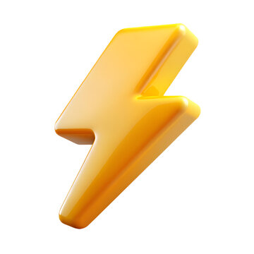 Bright yellow 3d rendered lightning bolt symbol conveying energy power and rapid movement isolated on transparent background