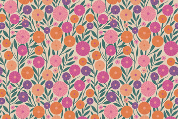 Poster - Seamless pattern of stylized flowers in pink orange and purple with green leaves on a light background