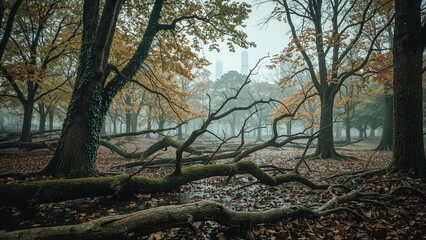 Poster - Downed tree logs within a city woodland area