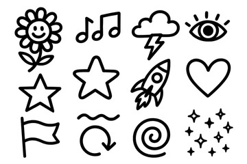 Poster - Doodle icon set. Hand drawn simple line art collection. Black and white vector graphic elements for stickers or patches. Flower, star, heart, rocket, music, eye, weather.