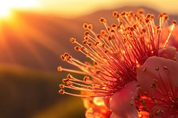 Wall Mural - Close-up of a vibrant pink flower at sunset, showcasing intricate details and warm light.