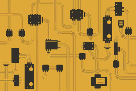 A stylized depiction of interconnected electronic components on a yellow background with black elements