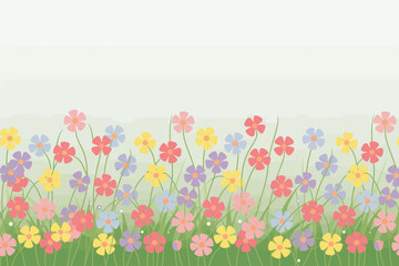 Poster - A colorful flower field with red yellow pink and purple flowers on green stems against a light background