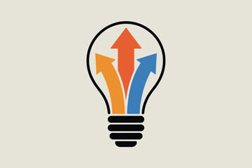 Poster - A lightbulb containing three arrows pointing upwards in orange blue and red on a cream background