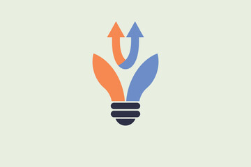 Poster - A stylized lightbulb with orange and blue elements and arrows pointing upwards on a light background