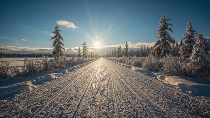 Poster - Magical winter pathway bathed in sunlight with icy tracks and a bright sky