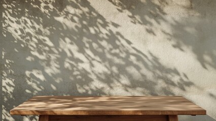 Poster - Wooden table top with shadows of tree leaves on a textured wall