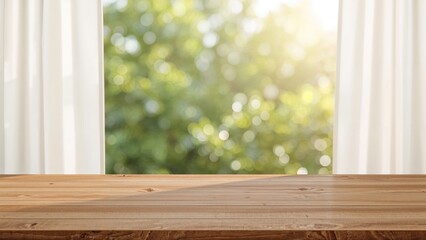 Poster - Blurred green garden and sunlit window behind a bare wooden table surface