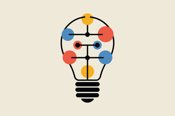 Poster - A lightbulb design with colorful circles connected by lines on a cream colored background illustration