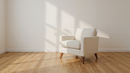 Poster - Bright and open sitting room with armchair and wooden floors, ideal for a warm and intimate reading nook. Digital visualization.