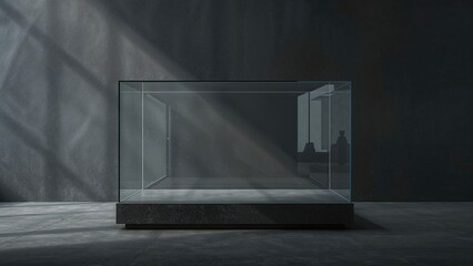 Poster - Transparent glass showcase against a neutral gray background