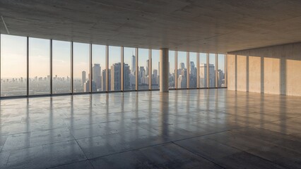 Poster - Concrete floor tiles without any objects in a city skyline during early morning.