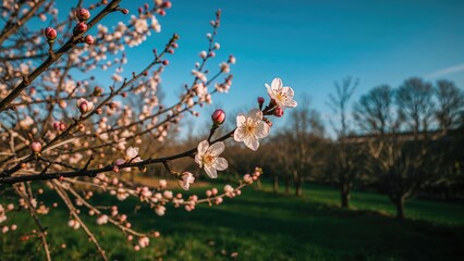 Poster - Tender branches of an apple tree featuring bright pink buds and blooming white flowers, glowing in sunlight against a lively blue sky during spring.
