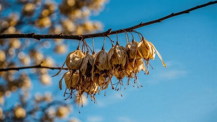 Poster - Sunlit maple seeds clinging to a branch in the springtime.