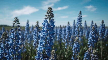Wall Mural - Brightly colored background showcasing a field of blue flowers glowing under the sun's rays during summer.