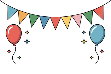 Poster - Illustration of colorful triangular bunting with balloons and stars on a white background design element