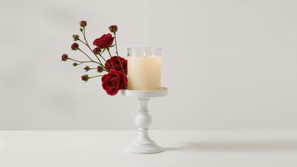 Poster - Lit candle inside a glass container surrounded by roses on a white table, blank area for writing
