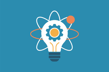 Poster - A lightbulb with a gear inside surrounded by an atom symbol on a blue background illustration