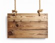 © Fiusa - Placa de madeira vintage com corda natural desfiada pendurada verticalmente, textura de madeira envelhecida, isolada em branco, ligeiramente sombreada, para uso em design gráfico rústico