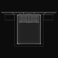 Poster - A wireframe bed with two pillows is depicted in black and white, featuring clean lines and a minimalist aesthetic. The stark black background emphasizes the simple yet elegant design.