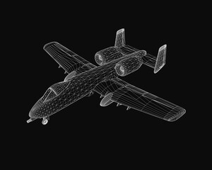 Poster - A combat aircraft wireframe model displays intricate details of wings, tail, and engines on a black background. The 3D rendering provides a realistic and technical view of the plane's structure.