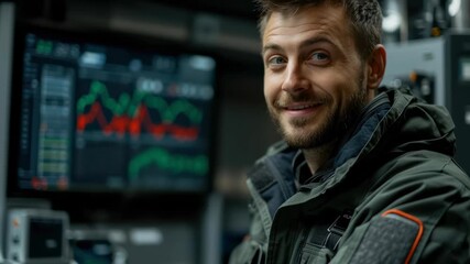 Poster - Smiling Male Analyst with Technology Interface Displaying Data Trends in a Modern Workspace