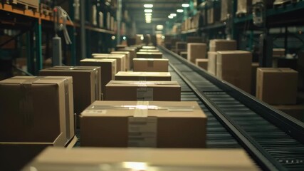 Poster - Organized boxes on conveyor belt in warehouse creating efficient logistics and storage space